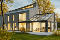 Wintergarten an Neubau mit Satteldach