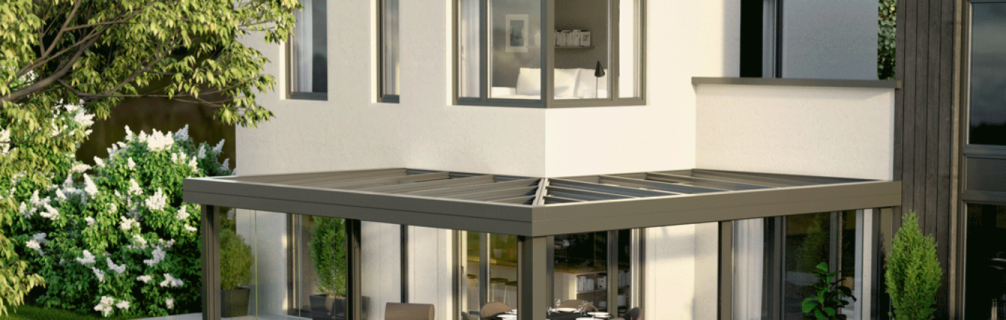 Neubau mit Flachdach Terrassenüberdachung
